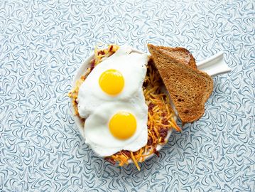 Sam's Skillet corned beef hash from scratch with 2 eggs and toast