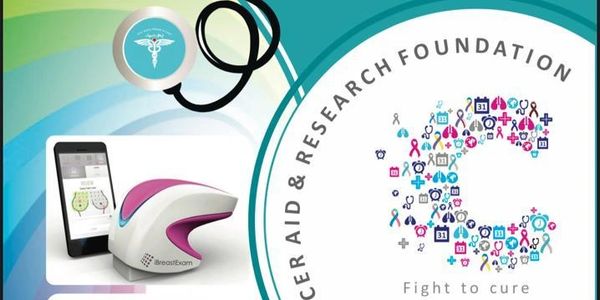 Healthcare and cancer aid services promotion with contact details and logo.