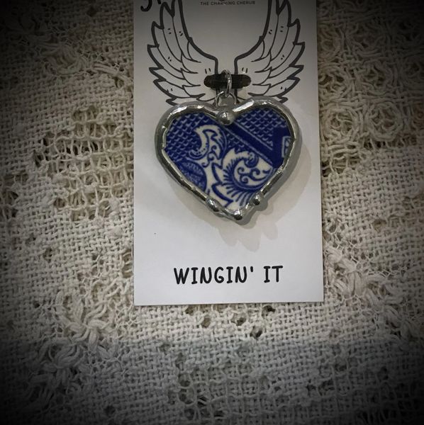 Blue willow broken china heart pendant