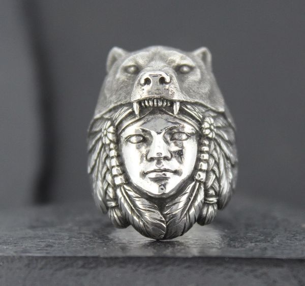 NATIVE AMERICAN WOMAN IN WEARING WOLF HEADDRESS | Silver Skull Ring