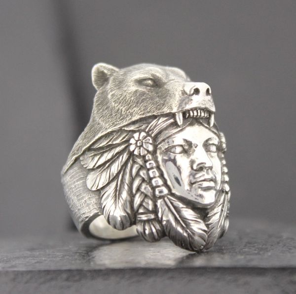 NATIVE AMERICAN WOMAN IN WEARING WOLF HEADDRESS | Silver Skull Ring