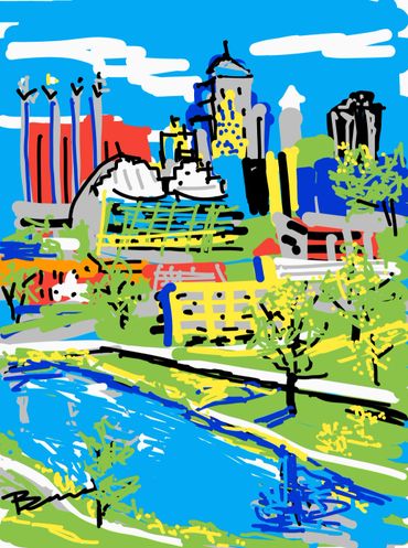 My cellphone drawing of the Kansas City Downtown Skyline includes the Kauffman Center for the Perfor