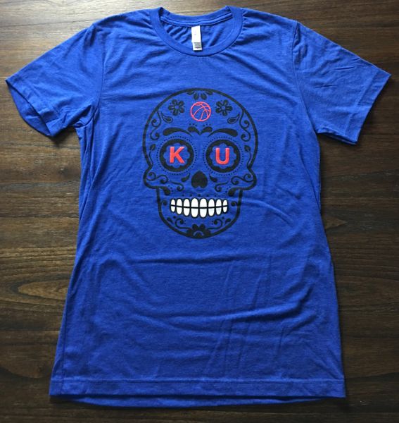 KU Sugar Skull Unisex Super Soft Blue Crew Tee