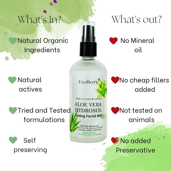 Pure Steam Distilled Aloe vera Hydrosol Toning Facial Mist Natural