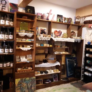 Our family farm Gift Shop Featuring Organic soaps and body products, handcrafted jewelry, local art 