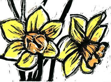 Daffodils in 5" x 7" hand colored
linocut 