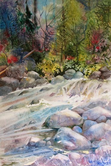watercolor landscape, Montana art, Chris Sommerfelt, river, rapids, impressionistic watercolor