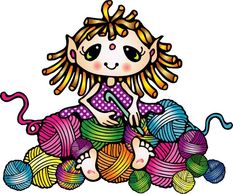 Cartoon - imp sitting on a stack of yarn with a crochet hook