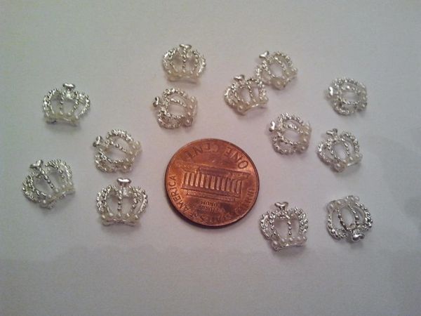 3D Crown #2, Silver crown nail charm with pearls on the bottom (pack of 2)