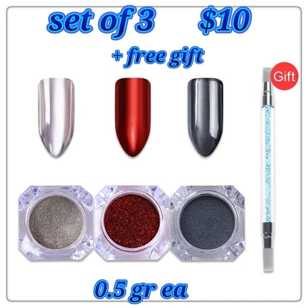 Set of 3 Chrome Powders + free gift (0.5 gr ea.)(silver, red, black)