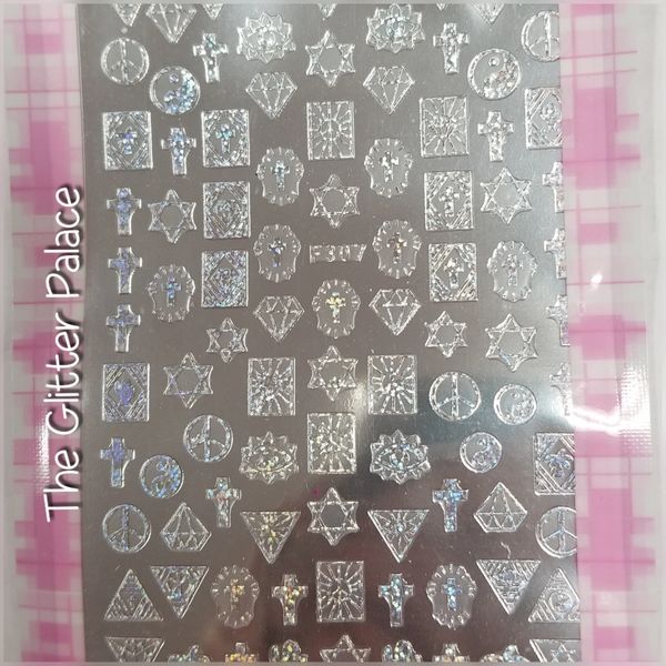 Silver Stickers (F307) Religious, Cross, Peace Symbol, Diamonds