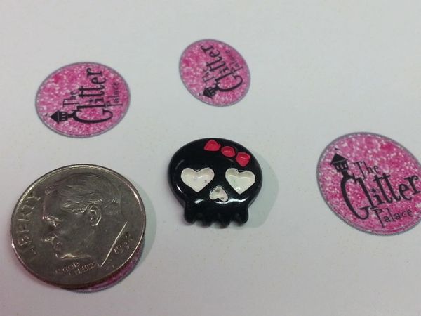 3D Skull #1. Black & White Skull Charm with Pink Bow (pack of 2)
