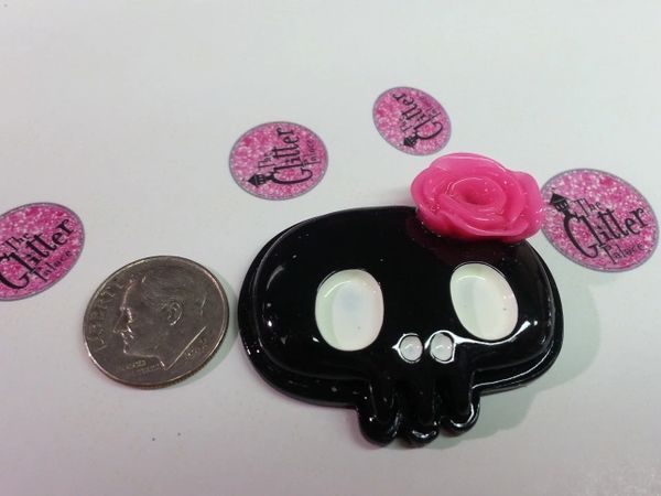 3D Skull #2. XL Black Skull with a Hot Pink Rose (1 piece)