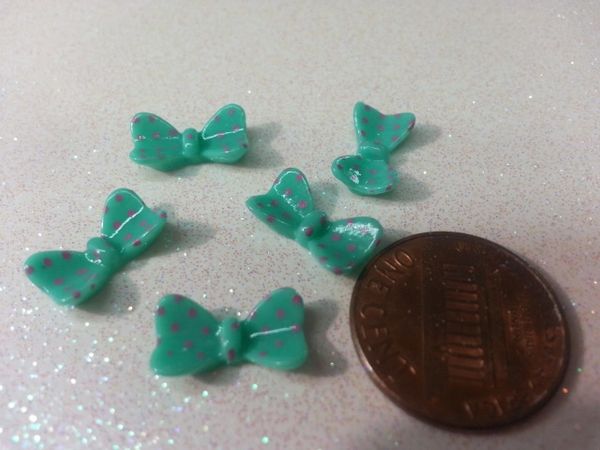 3D Bow #31 Teal Bow Nail Charm with Pink Polka Dots (pack of 3)
