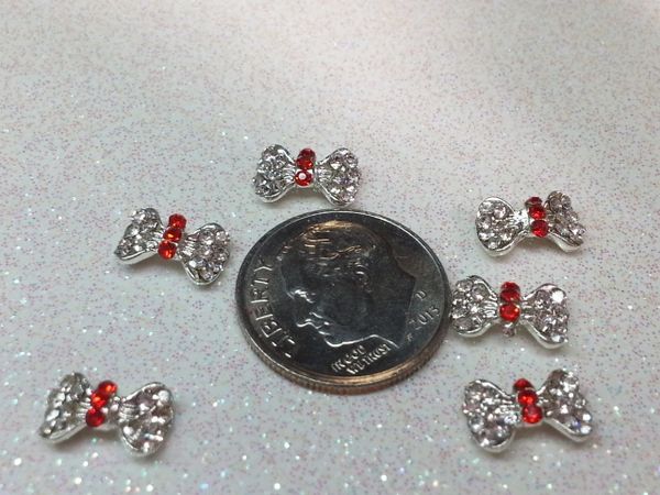 3D Bow #37 Silver with Red & Clear Rhinestones Charm (pack of 2)