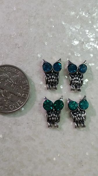 3D Owl #1 Metal Owl Nail Charm with Teal Rhinestones (pack of 2)