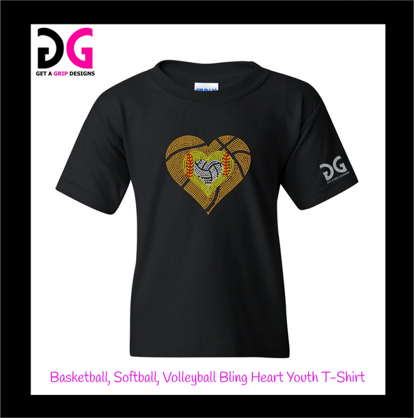 Basketball, Softball, Volleyball Bling Heart Youth T-Shirt