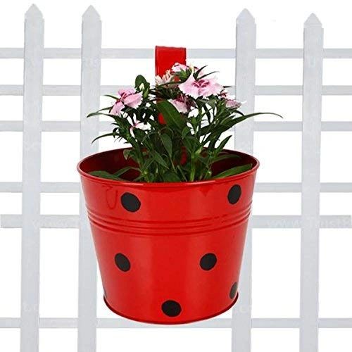 Coudre Dotted Round Railing Planters for Balcony, Terrace Garden, Flower pots for Home Decoration (Red)