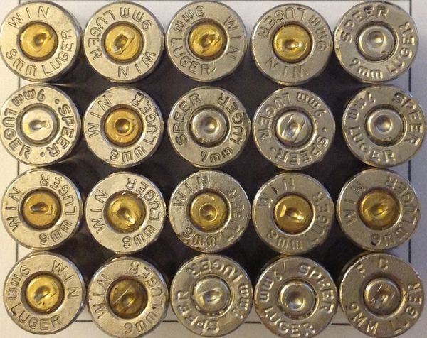 9mm Luger Once Fired Pistol Brass Nickel Case 250 pcs
