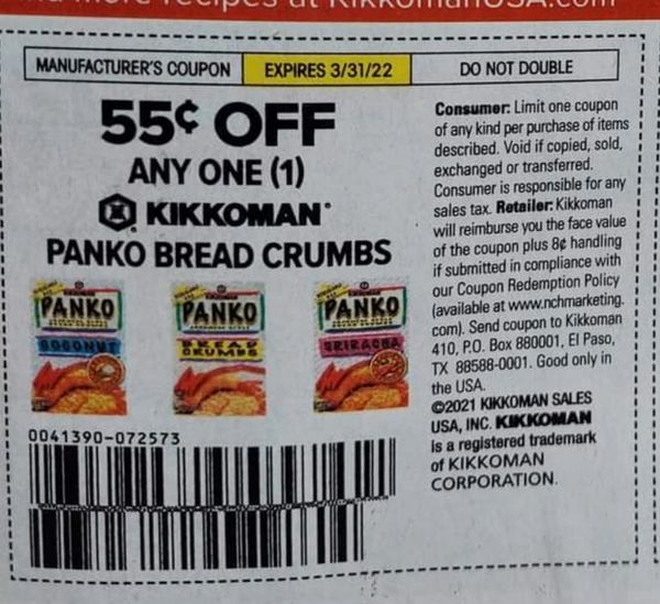 10 Coupons $.55/1 Kikkoman Panko Bread Crumbs Exp.3/31/22 (Ships 12/7 or Sooner)