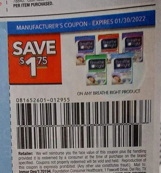 10 Coupons $1.75/1 Breathe Right Product Exp.1/30/22 (Ships 12/7 or Sooner)