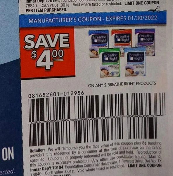10 Coupons $4/2 Breathe Right Product Exp.1/30/22 (Ships 12/7 or Sooner)