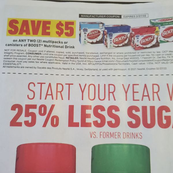 10 Coupons $5/2 Boost Nutritional Drinks Multipacks or Canisters Exp.2/27/22