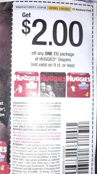 10 Coupons $2/1 Huggies Diapers (Excludes 9ct or Less) Exp.1/30/22 (Ships 1/4 or Sooner)
