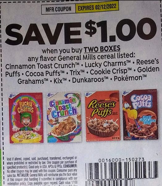 10 Coupons $1/2 General Mills Cereal Listed (SEE PIC) Exp.2/12/22 (Ships 1/4 or Sooner)