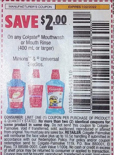 10 Coupons $2/1 Colgate Mouthwash or Mouth Rinse (400mL+) Exp.1/22/22 (Ships 1/4 or Sooner)