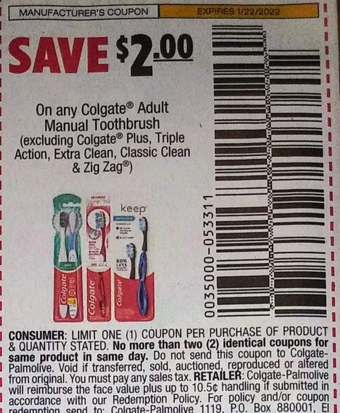 10 Coupons $2/1 Colgate Adult Manual Toothbrush Exp.1/22/22 (Ships 1/4 or Sooner0
