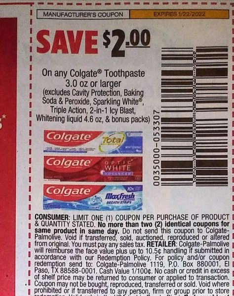 10 Coupons $2/1 Colgate Toothpaste 3.0oz+ Exp.1/22/22 (Ships 1/4 or Sooner)