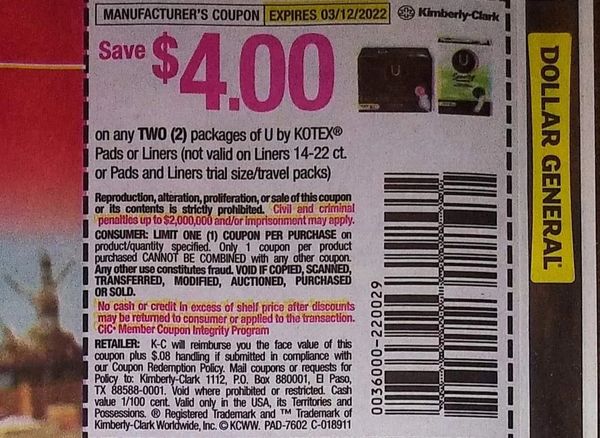 10 Coupons $4/2 U by Kotex Pads or Liners (Not Valid on Liners 14-22ct or Pads and Liners Trial) Exp.3/12/22 (Ships 1/4 or Sooner)
