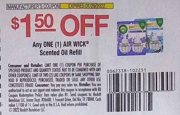 10 Coupons $1.50/1 Air Wick Scented Oil Refill Exp.1/29/22 (Ships 1/4 or Sooner)