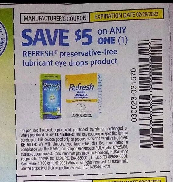10 Coupons 5/1 Refresh PreservativeFree Lubricant Eye Drops Product