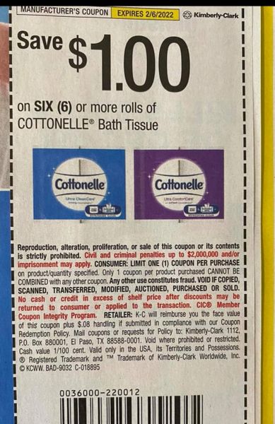 10 Coupons $1/1 Cottonelle Bath Tissue (6) Rolls+ Exp.2/6/21 (ships 1/11 or sooner)