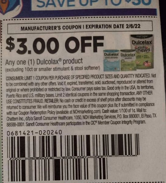10 Coupons $3/1 Dulcolax Product Exp.2/6/22 (Ships 1/11 or Sooner)