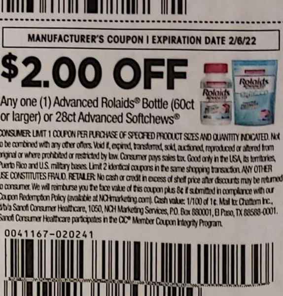 10 Coupons $2/1 Advanced Rolaids Bottle (60ct+) or 28ct Advanced SoftChews Exp.2/6/22 (Ships 1/11 or Sooner)