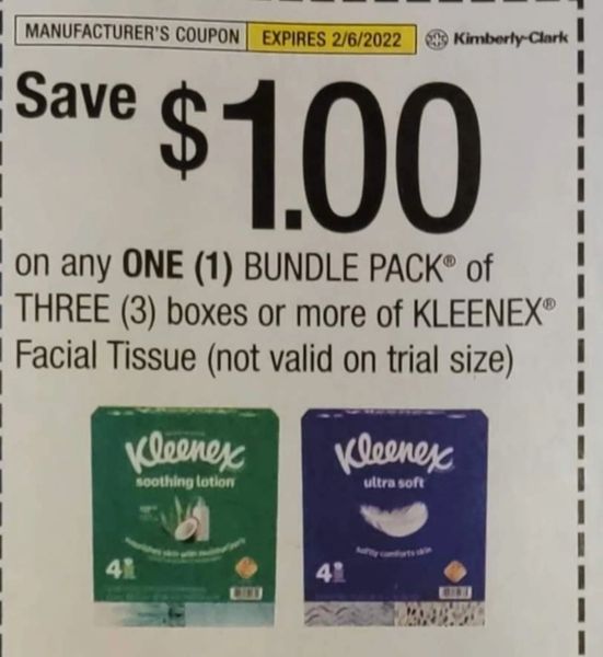 10 Coupons $1/1 Kleenex Facial Tissue Bundle Pack Or (3) Boxes Exp.2/6/22 (Ships 1/11 or Sooner)