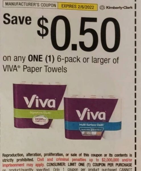 10 Coupons $.50/1 Viva Paper Towels Exp.2/6/22 (Ships 1/11 or Sooner)
