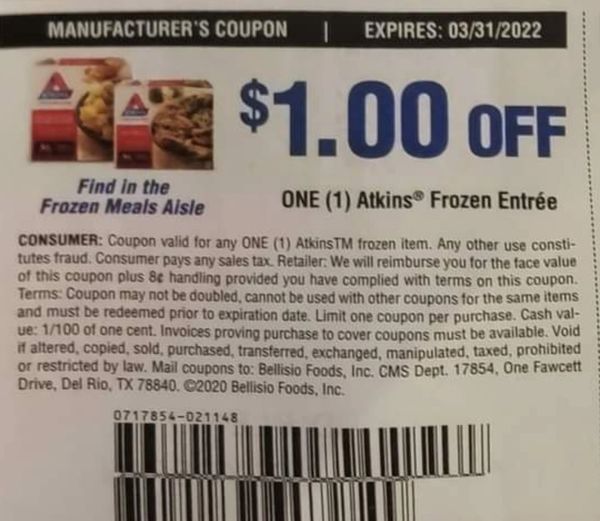 10 Coupons $1/1 Atkins Frozen Entree Exp.3/31/22 (Ships 1/11 or Sooner)