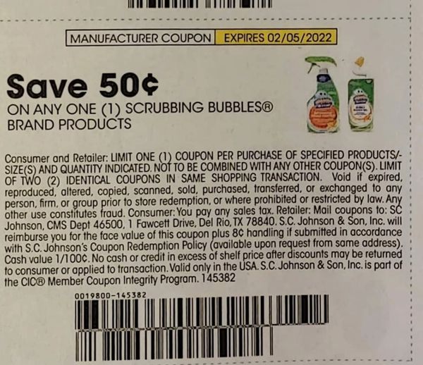 10 Coupons $.50/1 Scrubbing Bubbles Brand Product Exp.2/5/22 (Ships 1/11 or Sooner)