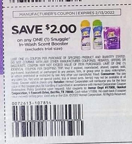 10 Coupons $2/1 Snuggle In-Wash Scent Booster Exp.2/13/22