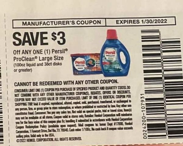 10 Coupons $3/1 Persil ProClean Large Size (100oz Liquid and 38ct Disks+) Exp.1/30/22