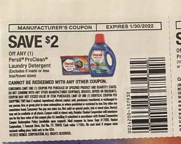 10 Coupons $2/1 Persil ProClean Laundry Detergent Exp.1/30/22