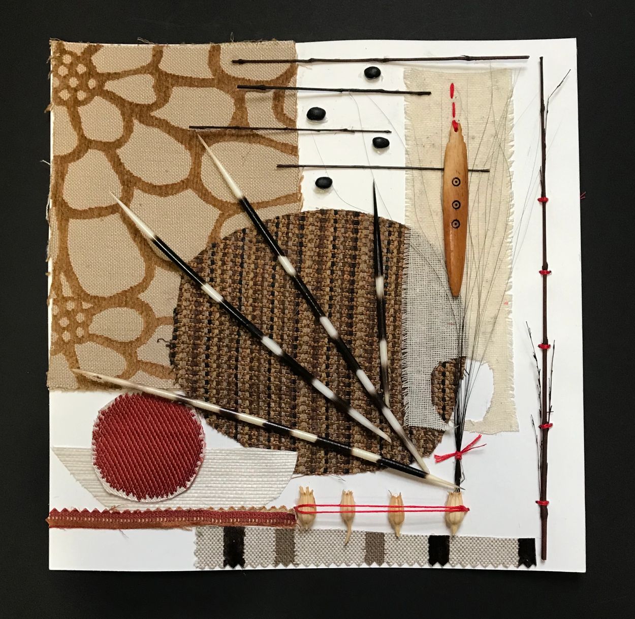 SOLD  "Protection" collage 12"x12' fabric,earthly finds,porcupine quills,beans,thread,zen circle