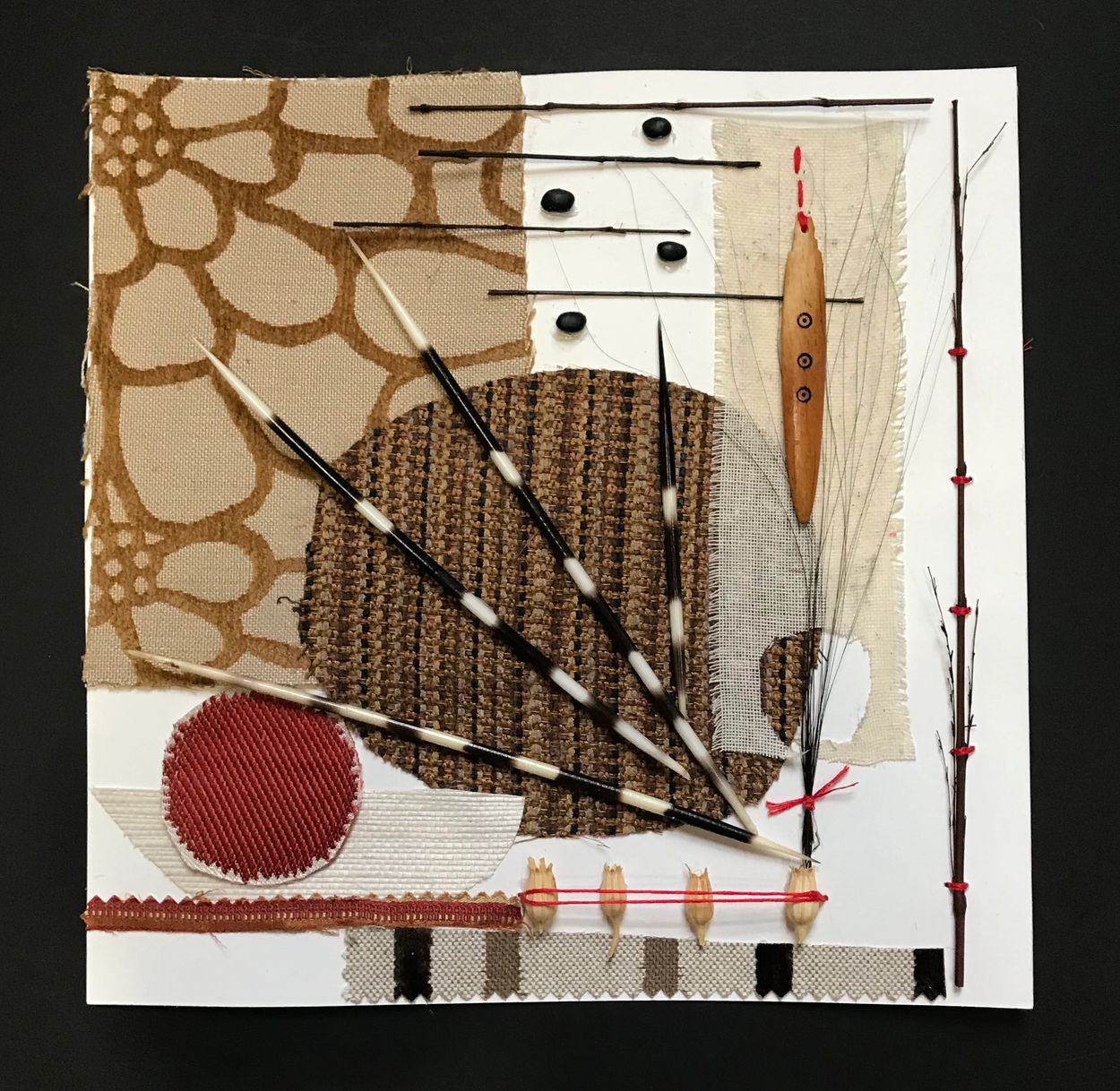 SOLD  "Protection" collage 12"x12' fabric,earthly finds,porcupine quills,beans,thread,zen circle