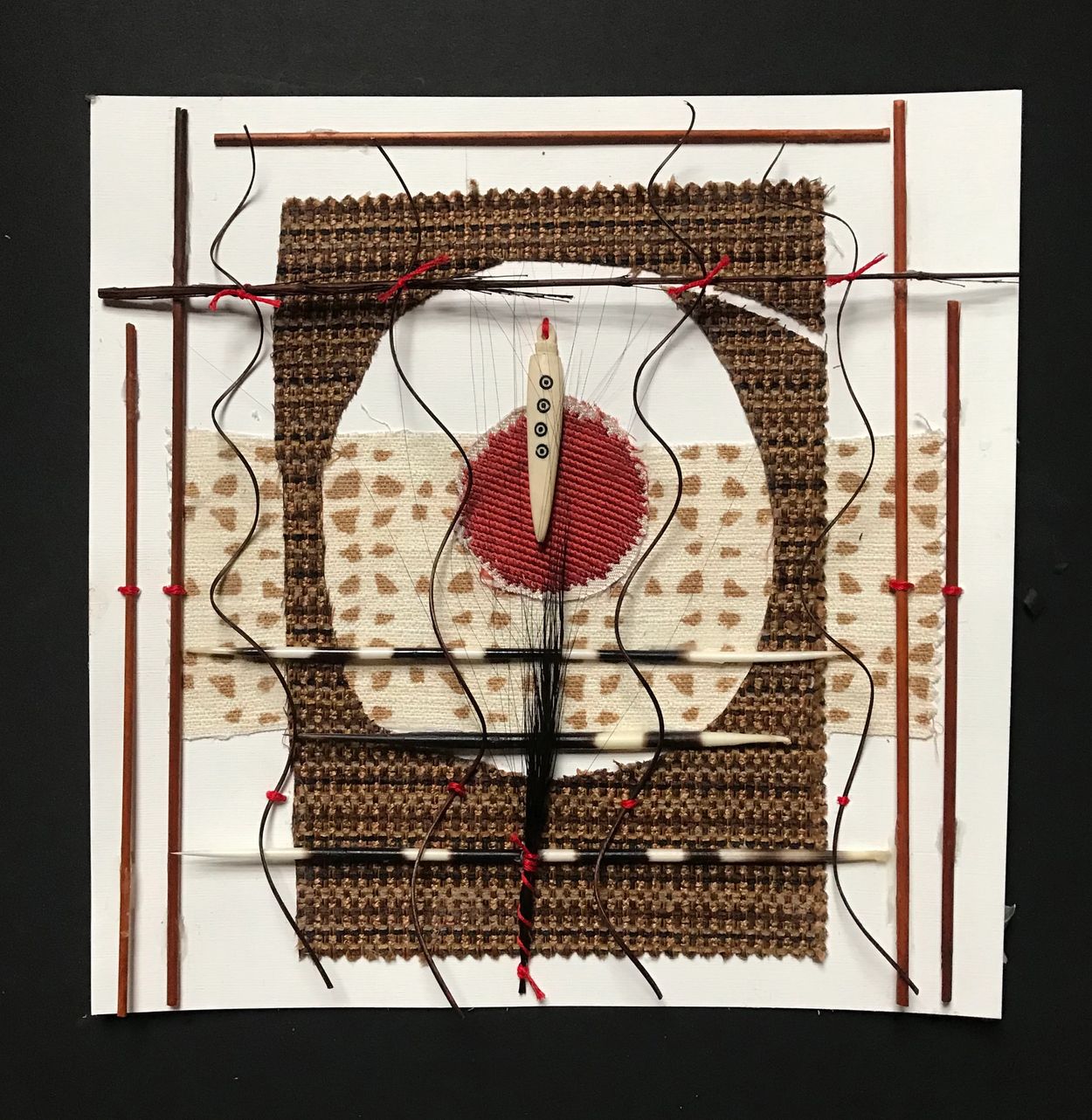  "The Power Within" Collage,12'x12"  fabric, Ethiopian shaman spear,porcupine quills, wood,thread