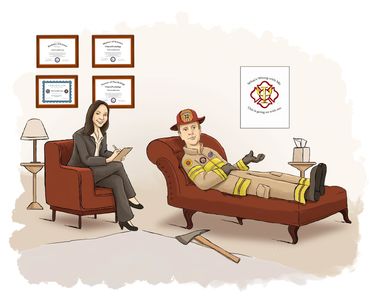 A cartoon drawn for CCC of a first responder in a mental health counseling session.