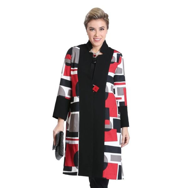 IC Collection Striped Blocks Sharkbite Hem Red Button Closure Asian Style Jacket